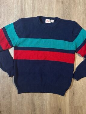 Vintage Men's Striped Crewneck Sweater in Navy with Teal & Red Bands